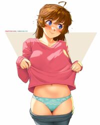 Rule 34 | 1girl, ahoge, aqua nails, aqua panties, averting eyes, black pants, blush, brooke (mleth), brown hair, clothes lift, clothes pull, commentary, embarrassed, english commentary, fingernails, flying sweatdrops, freckles, highres, lifted by self, long sleeves, medium hair, mleth, nail polish, navel, original, panties, pants, pants pull, pink shirt, shirt, shirt lift, solo, twitter username, underwear, v-neck, watermark, web address