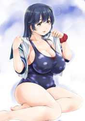 Rule 34 | 1girl, ahoge, bare shoulders, blue hair, blue one-piece swimsuit, breasts, cleavage, collarbone, highres, huge ahoge, kantai collection, kantori, large breasts, long hair, one-piece swimsuit, parted lips, puffy nipples, scrunchie, sitting, smile, solo, swimsuit, thighs, ushio (kancolle), yellow eyes