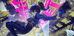 Rule 34 | 1girl, black hair, black pants, blue jacket, breasts, character name, checkered necktie, closed mouth, copyright name, falling, glass shards, gun, high-waist pants, highres, holding, holding gun, holding weapon, jacket, large breasts, looking at viewer, metal hairband, midair, multicolored hair, necktie, pants, police, police badge, police uniform, policewoman, red eyes, red hair, solo, streaked hair, tight clothes, tight pants, weapon, yang lizi, zenless zone zero, zhu yuan