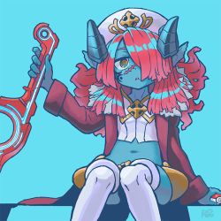 Rule 34 | 1girl, bad id, bad twitter id, blue background, blue skin, colored skin, crop top, etrian odyssey, hair over one eye, hat, holding, holding sword, holding weapon, horns, jacket, long sleeves, navel, necromancer (sekaiju), open clothes, open jacket, orange eyes, parted lips, poke ball, red hair, red jacket, reiesu (reis), ringed eyes, sekaiju no meikyuu, sekaiju no meikyuu 5, signature, simple background, sitting, solo, sword, thighhighs, weapon, white hat, white thighhighs, xenoblade chronicles (series), xenoblade chronicles 1
