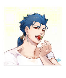 Rule 34 | 1boy, blue hair, casual, cu chulainn (fate), eating, fang, fate/stay night, fate (series), food, fruit, guttia, cu chulainn (fate/stay night), long hair, male focus, mouth hold, ponytail, red eyes, shirt, solo, strawberry, t-shirt