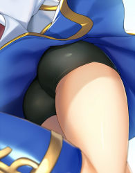 Rule 34 | 1girl, arle nadja, ass, ass focus, bad id, bad pixiv id, bike shorts, blue skirt, blue socks, blurry, cccpo, commentary request, depth of field, from behind, from below, highres, kneehighs, leg up, lower body, puyopuyo, short shorts, shorts, skirt, socks, solo, standing, standing on one leg, thick thighs, thighs, upskirt
