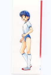 Rule 34 | 1girl, blue hair, blue one-piece swimsuit, blush, breasts, brown eyes, highres, kneehighs, looking at viewer, mizugi crisis, mizuyoukan (norad), one-piece swimsuit, open mouth, shirt, shoes, short hair, short sleeves, small breasts, smile, socks, standing, swimsuit, swimsuit under clothes, uwabaki, white background, white footwear, white shirt, white socks