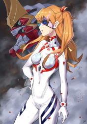 Rule 34 | 1girl, artist request, bodysuit, breasts, brown hair, cowboy shot, eva 02, evangelion: 3.0+1.0 thrice upon a time, eyepatch, gloves, hair ornament, highres, long hair, looking away, looking to the side, mecha, medium breasts, neon genesis evangelion, one eye covered, plugsuit, rebuild of evangelion, robot, shiny clothes, skin tight, solo, souryuu asuka langley, standing, twintails, two side up, very long hair, white bodysuit, white gloves