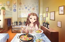 Rule 34 | 10s, 1girl, alcohol, artist request, brown hair, cup, flower, food, hair flower, hair ornament, idolmaster, idolmaster cinderella girls, idolmaster cinderella girls starlight stage, jewelry, long hair, necklace, official art, paella, pink rose, red eyes, rose, seki hiromi, solo, wavy hair, wine