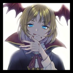 Rule 34 | 1boy, :p, androgynous, backlighting, black border, black cape, blonde hair, blood, blood on face, blue eyes, border, cape, granblue fantasy, hantoumei namako, head wings, high collar, looking at viewer, male focus, pointy ears, solo, tongue, tongue out, vampire, veight, white background, wings, wiping face