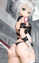 Rule 34 | 1girl, ass, ass focus, bandaged arm, bandaged hand, bandages, bare shoulders, black panties, black shirt, blouse, breasts, building, commentary request, dagger, fate/apocrypha, fate/grand order, fate (series), from behind, frown, green eyes, hair between eyes, highres, holding, holding knife, huge ass, jack the ripper (fate/apocrypha), knife, looking at viewer, nyatabe, outdoors, panties, scar, scar on face, shirt, short hair, shoulder tattoo, silver hair, sleeveless, sleeveless shirt, small breasts, solo, tattoo, thick thighs, thighhighs, thighs, thong, underwear, weapon, wide hips