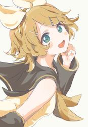 Rule 34 | 1girl, :d, blonde hair, blush, blush stickers, bow, commentary, detached sleeves, from behind, green eyes, hair bow, hair ornament, hairband, hairclip, hand on own cheek, hand on own face, highres, kagamine rin, long sleeves, looking at viewer, looking back, neckerchief, open mouth, parted bangs, sailor collar, shirt, short hair, sleeveless, sleeveless shirt, smile, solo, vocaloid, yakkl