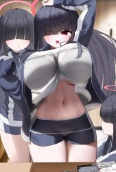 Rule 34 | 3girls, absurdres, arm up, black hair, black shorts, blue archive, blush, breasts, bust measuring, hair over eyes, halo, highres, huge breasts, justice task force member (blue archive), korean text, long hair, measuring, multiple girls, navel, nicorima, open mouth, red eyes, red halo, shorts, stomach, sweat, tape measure, tears, very long hair