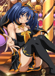 Rule 34 | 00s, 1girl, ass, bare shoulders, bashoku youjou, black dress, black thighhighs, blue hair, blush, breasts, cleavage, collarbone, dress, female focus, hair ornament, hair ribbon, halloween, halloween costume, ikkitousen, large breasts, legs, looking at viewer, orange ribbon, pink eyes, pleated skirt, pumpkin, purple eyes, ribbon, short twintails, sitting, skirt, smile, solo, thighhighs, twintails