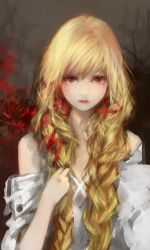 Rule 34 | 1girl, bare shoulders, blonde hair, braid, brown background, curly hair, flower, hair over shoulder, hair ribbon, highres, long hair, looking at viewer, nyanpe, off shoulder, original, red eyes, ribbon, rose, shirt, simple background, solo, twin braids, undressing, upper body, wavy hair, white shirt