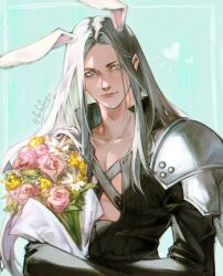 Rule 34 | 1boy, :3, animal ears, armor, bouquet, chest strap, final fantasy, final fantasy vii, final fantasy vii remake, flower, grey hair, heart, highres, holding, holding bouquet, holding flower, long bangs, long hair, long sleeves, male focus, negi (fufufuyu), parted bangs, pauldrons, rabbit ears, rose, sephiroth, shoulder armor, twitter username, upper body