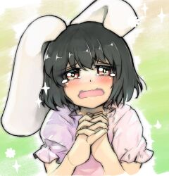 Rule 34 | 1girl, animal ears, black hair, blush, dress, floppy ears, furrowed brow, ginnkei, highres, inaba tewi, interlocked fingers, looking at viewer, open mouth, own hands clasped, own hands together, pink dress, puffy short sleeves, puffy sleeves, rabbit ears, short hair, short sleeves, simple background, solo, sparkle, tearing up, tears, touhou, upper body, wavy mouth