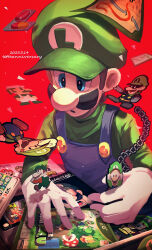 Rule 34 | 1boy, :o, ? block, absurdres, anniversary, bandana, blue eyes, blue overalls, blue pants, blue toad (mario), bowser, brown footwear, brown hair, clenched teeth, commentary request, confetti, copyright request, dated, domino mask, dr. luigi (game), dr. mario (game), facial hair, flashlight, flying squirrel toad (mario), game &amp; watch, gloves, green bandana, green headwear, green overalls, green pants, green shirt, grey footwear, grey gloves, hat, highres, hiyashimeso, long sleeves, looking down, luigi, luigi&#039;s mansion, luigi&#039;s mansion: dark moon, luigi&#039;s mansion 3, male focus, mario, mario &amp; luigi: dream team, mario &amp; luigi: superstar saga, mario &amp; luigi rpg, mario (series), mario bros., mario is missing!, mask, mr. l, mustache, nabbit, new super luigi u, new super mario bros. u, nintendo, open mouth, overalls, pants, paper mario, pill, piranha plant, red background, red shirt, shirt, shoes, short hair, simple background, super mario bros. 1, super paper mario, teeth, toad (mario), v-shaped eyebrows, video game, walking, warp pipe, white gloves, yellow toad (mario), yoshi