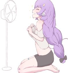 1girl animal_ears artist_request bandaid bare_shoulders braid closed_eyes cow_ears cow_tail electric_fan en_(artist) feet from_side highres horns long_hair mole muu_muyu navel phase_connect seiza shirt shirt_slip sitting sparkle sweat tail virtual_youtuber