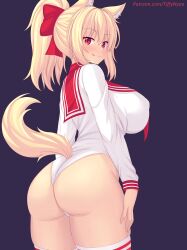 Rule 34 | 1girl, :q, animal ears, artist name, ass, blonde hair, breasts, cat ears, cat girl, cat tail, closed mouth, clothing cutout, cowboy shot, from behind, highres, impossible clothes, impossible leotard, large breasts, leotard, long hair, long sleeves, looking at viewer, looking back, nottytiffy, original, ponytail, purple background, red eyes, red sailor collar, sailor collar, simple background, smile, solo, tail, tail through clothes, thighhighs, tiffy (nottytiffy), tongue, tongue out, watermark, web address, white leotard, white thighhighs