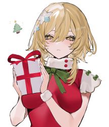 Rule 34 | 1girl, absurdres, bebe (bebe pp), blonde hair, blush, bow, box, breasts, christmas, christmas tree, dress, eyelashes, female focus, flower, genshin impact, gift, gift box, green bow, hair flower, hair ornament, half-closed eyes, highres, looking at viewer, lumine (genshin impact), medium breasts, red dress, sidelocks, simple background, solo, upper body, white background