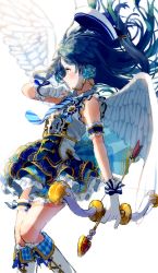 Rule 34 | 1girl, absurdres, arm up, arrow (projectile), blue hair, bow (weapon), braid, commentary request, feathered wings, floating hair, from side, gloves, hat, highres, holding, holding bow (weapon), holding weapon, long hair, love live!, love live! school idol festival all stars, love live! school idol project, myon rio, simple background, sleeveless, smile, solo, sonoda umi, weapon, white background, white gloves, wings, yellow eyes