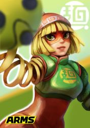 Rule 34 | 1girl, arms (game), beanie, blonde hair, chinese clothes, facepaint, green eyes, hat, highres, logo, looking at viewer, mask, min min (arms), short hair, smile, solo