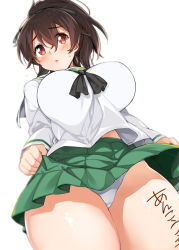 Rule 34 | 10s, 1girl, aburidashi zakuro, black neckerchief, black ribbon, blouse, blue panties, blurry, blush, body writing, breasts, brown eyes, brown hair, closed mouth, clothes lift, commentary, crotch seam, curvy, girls und panzer, green skirt, hair ribbon, koyama yuzu, large breasts, lifting own clothes, long sleeves, looking at viewer, miniskirt, neckerchief, ooarai school uniform, panties, parted lips, pleated skirt, ribbon, school uniform, serafuku, shirt, short hair, short ponytail, simple background, skirt, skirt lift, solo, standing, sweat, thick thighs, thighs, underwear, white background, white shirt, wide hips