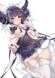 Rule 34 | 1girl, aqua eyes, azur lane, bare shoulders, black hair, blush, breasts, cheshire (azur lane), crossed legs, detached sleeves, dress, frills, garter straps, hairband, hand up, highres, large breasts, looking at viewer, maid headdress, multicolored hair, mutou mame, puffy sleeves, ribbon, smile, solo, streaked hair, thighhighs, thighs, watson cross, white thighhighs, wrist cuffs