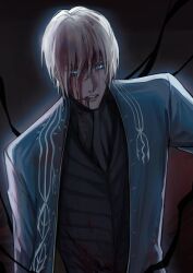 Rule 34 | 1boy, bishounen, blood, blood on face, blue eyes, coat, devil may cry, devil may cry (series), devil may cry 3, hair down, highres, looking at viewer, male focus, qmyyz, solo, vergil (devil may cry), wet, wet hair, white hair