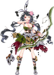 Rule 34 | &gt;;o, 1girl, arrow (projectile), bare shoulders, black hair, bow (weapon), breasts, cleavage, copyright name, covering face, drill hair, flower, full body, hair flower, hair ornament, holding, holding bow (weapon), holding weapon, komakiyama (oshiro project), large breasts, official art, oshiro project:re, oshiro project:re, quiver, red eyes, ririkuto, simple background, skirt, sleeve cuffs, sleeveless, solo, torn boots, torn clothes, torn skirt, transparent background, twin drills, twintails, v-shaped eyebrows, wavy hair, weapon, white background
