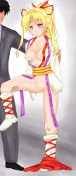 Rule 34 | 1990s (style), 1boy, 1girl, blonde hair, boots, breasts, after rape, earrings, empty eyes, formal, highres, jewelry, kaitou jeanne, kamikaze kaitou jeanne, kusakabe maron, long hair, purple eyes, skirt, slave, suit