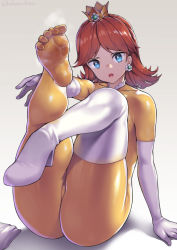 Rule 34 | bodysuit, crown, feet, gloves, latex, latex bodysuit, latex gloves, latex legwear, mario (series), nagase haruhito, nintendo, one shoe removed, princess daisy, smell, soles, steam, super mario bros. 1, sweat