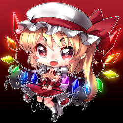Rule 34 | 1girl, ascot, blonde hair, chibi, female focus, flandre scarlet, gradient background, hat, hat ribbon, holding, kimagure ringo, laevatein, outline, red eyes, ribbon, side ponytail, solo, touhou, wrist cuffs
