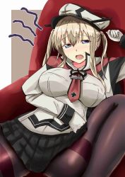 Rule 34 | 1girl, black pantyhose, black skirt, blonde hair, breasts, capelet, chan (akuty ikkot), commentary request, couch, cross, gloves, graf zeppelin (kancolle), grey eyes, hair between eyes, hat, highres, iron cross, jacket, kantai collection, large breasts, looking at viewer, miniskirt, necktie, open mouth, pantyhose, peaked cap, pleated skirt, sidelocks, sitting, skirt, solo, sweat, nervous sweating, tsurime, twintails, white gloves