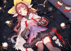 Rule 34 | 1girl, ahoge, animal ears, arknights, bell, brown hair, cape, commentary, dress, eyjafjalla (arknights), feet out of frame, grey thighhighs, henibeul, highres, horns, long hair, looking at viewer, ornament, parted lips, pink eyes, purple dress, sheep ears, sheep horns, short dress, solo, staff, thighhighs, white cape, zettai ryouiki