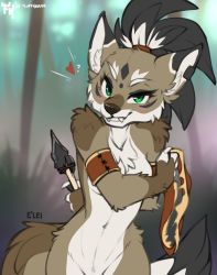 Rule 34 | 1girl, animal ears, blush, fluff kevlar, furry, furry female, green eyes, jungle, nature, nude, polearm, ponytail, spear, tail, tribal, weapon, wolf ears, wolf girl, wolf tail