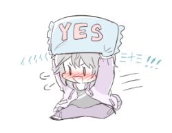 Rule 34 | 10s, 1girl, anastasia (idolmaster), blush, bowwow (hamju94), chibi, idolmaster, idolmaster cinderella girls, lowres, open mouth, short hair, silver hair, smile, solo, yes, yes-no pillow