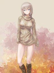 Rule 34 | 10s, 1girl, autumn leaves, blue eyes, boots, breasts, brown footwear, casual, contrapposto, dress, girls und panzer, grey hair, itsumi erika, jpeg artifacts, knee boots, legs, looking at viewer, medium breasts, rasukaru, ribbed sweater, short hair, solo, standing, sweater, sweater dress