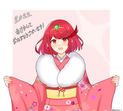 Rule 34 | 1girl, absurdres, alternate costume, bad id, bad pixiv id, blush, border, commentary request, dated, earrings, floral print, fur scarf, highres, japanese clothes, jewelry, kimono, looking at viewer, medium hair, obi, open mouth, outstretched arms, pink background, pink kimono, print kimono, pyra (xenoblade), reason3 s, red eyes, red hair, sash, sleeves past wrists, solo, swept bangs, tiara, translation request, twitter username, upper body, white border, wide sleeves, xenoblade chronicles (series), xenoblade chronicles 2
