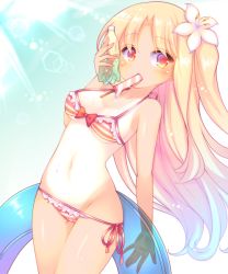 Rule 34 | 1girl, azur lane, bare arms, bare shoulders, bikini, bikini pull, blonde hair, blue hair, blue innertube, blush, bottle, bow, bow bikini, breasts, cameltoe, cleveland (azur lane), clothes pull, collarbone, commentary request, day, flower, food, food in mouth, gradient hair, groin, hair flower, hair ornament, holding, holding bottle, holding swim ring, innertube, leaning back, long hair, looking at viewer, medium breasts, mouth hold, multicolored hair, navel, one-piece tan, one side up, outdoors, parted lips, popsicle, red eyes, sakurato ototo shizuku, side-tie bikini bottom, solo, striped bikini, striped clothes, sunlight, swim ring, swimsuit, tan, tanline, transparent, very long hair, water bottle, wet, white flower