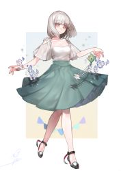 Rule 34 | 1girl, bad id, bad pixiv id, black footwear, bob cut, closed mouth, fish scales, full body, green skirt, grey hair, highres, looking at viewer, ohisashiburi, pink hair, pleated skirt, sash, shoes, short hair, short sleeves, skirt, smile, solo, standing