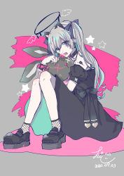 Rule 34 | 1girl, absurdres, animal ears, black collar, black dress, black footwear, boots, candy, cat ears, collar, crescent, crescent earrings, dated, detached sleeves, dress, ear piercing, earrings, fangs, flower tattoo, food, full body, grey background, grey eyes, hair ribbon, halo, highres, holding, holding candy, holding food, holding lollipop, holding stuffed toy, jewelry, knees up, lollipop, long hair, looking to the side, melting halo, muto 095, open mouth, original, piercing, platform boots, platform footwear, ribbon, shoulder tattoo, silver hair, sitting, sleeveless, sleeveless dress, solo, star (symbol), stuffed animal, stuffed rabbit, stuffed toy, tattoo, twintails, wrist cuffs
