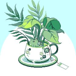 Rule 34 | cup, frog, leaf, mo.ram, no humans, original, pixel art, plant, potted plant, simple background, tea, teacup