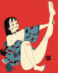Rule 34 | 1girl, absurdres, animal print, black hair, blue kimono, bottomless, breasts, brown eyes, choker, earrings, fine art parody, fish print, full body, hand on ground, highres, holding own leg, inkan, japanese clothes, jewelry, kimono, leaning back, leg up, long hair, nail polish, nihonga, object in mouth, open clothes, open kimono, original, paintbrush, painting nails, parody, red background, red nails, sei5osuzuki, sitting, small breasts