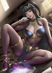 Rule 34 | 1girl, arm support, artist name, black hair, blurry, blurry background, bodystocking, bodysuit, bracelet, breasts, cleavage, collar, commentary, day, fire emblem, fire emblem awakening, gold trim, grey eyes, hand up, high heels, indoors, jewelry, light, light particles, lips, loincloth, long hair, looking at viewer, medium breasts, navel, nintendo, pelvic curtain, sade abyss, short twintails, signature, simple background, sitting, skin tight, stomach, tharja (fire emblem), thighs, tiara, twintails, window