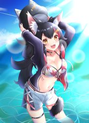 Rule 34 | 1girl, animal ears, bikini, bikini under clothes, black hair, blush, breasts, cleavage, cloud, collar, collarbone, commentary request, fang, hair ornament, hairclip, highres, hikarin0502, hololive, jacket, long hair, looking at viewer, medium breasts, navel, ocean, ookami mio, ookami mio (hololive summer 2019), open mouth, sky, smile, solo, standing, swimsuit, tail, tail wrap, virtual youtuber, wolf ears, wolf tail, yellow eyes
