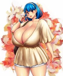 1girl absurdres bag blue_hair breasts cleavage cowboy_shot earrings erkaz floral_background hairband hand_up highres huge_breasts jewelry looking_at_viewer medium_hair open_mouth original red_eyes rina_atherina shirt shorts shoulder_bag smile solo thighs v veins veiny_breasts white_shorts yellow_shirt