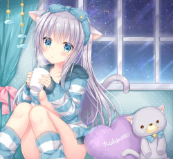 Rule 34 | 1girl, animal ears, blush, breasts, cat ears, cat girl, cat tail, commentary request, convenient leg, cup, curtains, grey hair, hair between eyes, hair ribbon, highres, holding, indoors, knees together feet apart, kohinata hoshimi, long hair, looking at viewer, medium breasts, mug, no bra, no panties, open clothes, original, parted lips, pillow, polka dot, ribbon, sideboob, sitting, socks, solo, sparkle, star (symbol), striped clothes, striped socks, stuffed animal, stuffed toy, tail, window