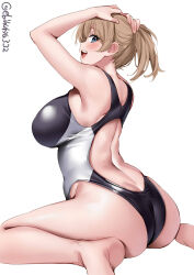 Rule 34 | 1girl, arched back, arms up, ass, back, back cutout, barefoot, black one-piece swimsuit, blue eyes, blush, breasts, clothing cutout, commentary request, competition swimsuit, ebifurya, grey one-piece swimsuit, hair between eyes, highres, intrepid (kancolle), kantai collection, large breasts, light brown hair, looking at viewer, looking back, medium hair, one-hour drawing challenge, one-piece swimsuit, open mouth, ponytail, profile, sidelocks, simple background, sitting, smile, solo, swimsuit, teeth, twitter username, two-tone one-piece swimsuit, upper teeth only, wariza, white background