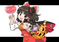 Rule 34 | &gt;:d, 2girls, :d, ^ ^, black hat, bow, breasts, brown hair, bucket, candy, cape, claw pose, closed eyes, cookie, detached sleeves, eating, fang, fingernails, food, hair bow, hair tubes, hakurei reimu, halloween, halloween costume, hat, japanese clothes, kimono, letterboxed, lollipop, long fingernails, looking at viewer, medium breasts, mini hat, mini person, mini top hat, minigirl, multiple girls, nail polish, navel, open mouth, purple hair, red eyes, red nails, ribbon-trimmed sleeves, ribbon trim, skirt, skirt set, smile, sukuna shinmyoumaru, swirl lollipop, top hat, touhou, trick or treat, unachika, v-shaped eyebrows, vest, witch hat