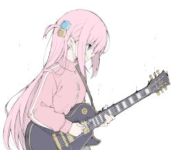 Rule 34 | absurdres, blue eyes, bocchi the rock!, closed mouth, cube hair ornament, electric guitar, feet out of frame, gibson les paul, gotoh hitori, grey skirt, guitar, hair ornament, hair over eyes, highres, holding, holding instrument, holding plectrum, instrument, jacket, jersey, long hair, looking down, masabodo, music, pants, pants under skirt, pink hair, pink jacket, pink pants, playing instrument, pleated skirt, plectrum, skirt, track jacket, white background