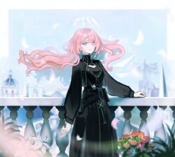 1girl arknights balcony black_dress blurry blurry_background closed_mouth depth_of_field dress floating_hair highres lemuen_(arknights) long_hair looking_at_viewer outdoors pink_eyes pink_hair rengeb101 solo