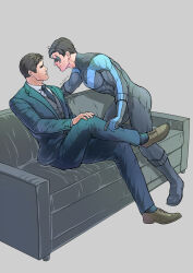 Rule 34 | 2boys, artist name, bara, batman (series), black bodysuit, black hair, black jacket, black pants, black vest, blue bodysuit, bodysuit, bodysuit pull, bruce wayne, closed mouth, couch, crossed legs, dc comics, dick grayson, domino mask, evinist, father and son, formal, highres, incest, jacket, looking at another, male focus, mask, multiple boys, muscular, muscular male, necktie, nightwing, on couch, open clothes, open jacket, pants, shirt, short hair, sitting, smile, taut bodysuit, taut clothes, thick thighs, thighs, two-tone bodysuit, vest, white shirt, yaoi